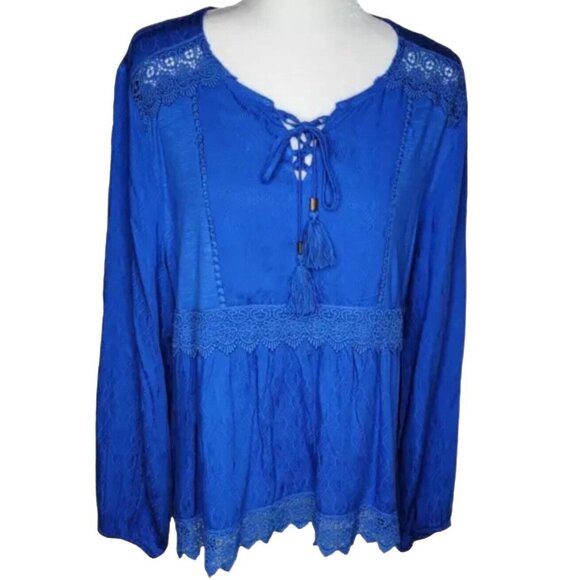 Farmers Market Women's Blouse Petite Medium 100% Rayon Lace V-Neck Boho Blue - Picture 12 of 13